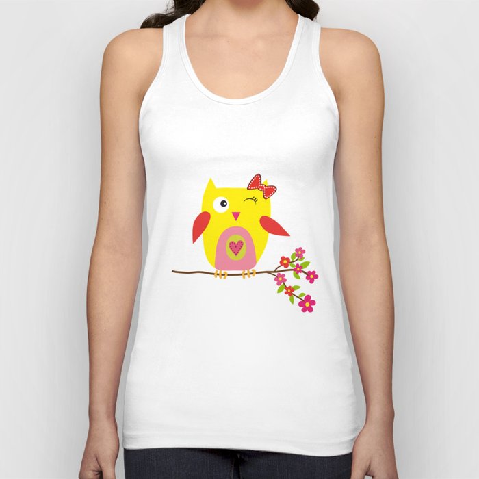 Cute Yellow Owl - Pink Flowers Illustration Tank Top