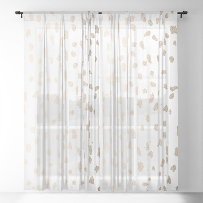 Luxe Gold Painted Polka Dot On White, Gold Polka Dot Sheer Curtains With Lights