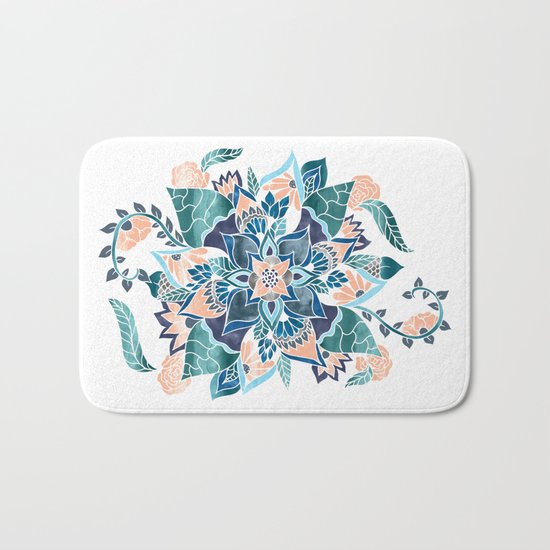 Modern coral blue watercolor floral illustration Bath Mat