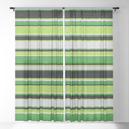 [ Thumbnail: Green, Light Gray, Forest Green, and Black Colored Stripes Pattern Sheer Curtain ]