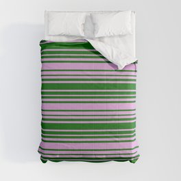 [ Thumbnail: Dark Green and Plum Colored Striped Pattern Comforter ]