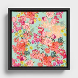 Antique Floral Print in Coral and Mint Tones Framed Canvas