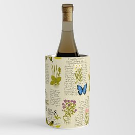 Vintage seamless pattern with handwritten text Lorem Ipsum, medicinal herbs and insects. Hand-drawn colored plants, butterflies, dragonfly on an old paper background. Wallpaper, wrapping paper, fabric Wine Chiller
