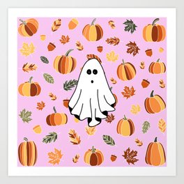 Ghost, pumpkins and leafs Art Print