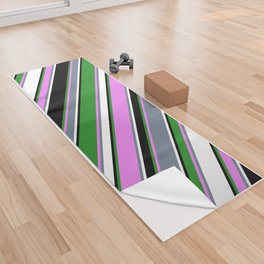 [ Thumbnail: Vibrant Slate Gray, Violet, Forest Green, Black, and White Colored Stripes Pattern Yoga Towel ]