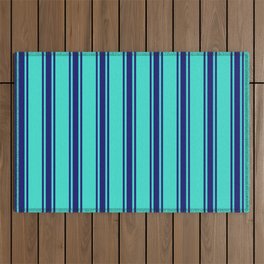 [ Thumbnail: Turquoise & Midnight Blue Colored Pattern of Stripes Outdoor Rug ]