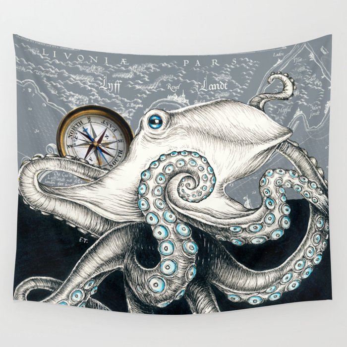 Octopus Compass Grey Ink Wall Tapestry