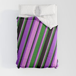 [ Thumbnail: Dark Orchid, Violet, Forest Green, and Black Colored Lines Pattern Comforter ]