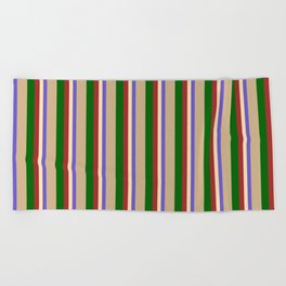 [ Thumbnail: Colorful Slate Blue, Beige, Brown, Dark Green, and Tan Colored Lines Pattern Beach Towel ]