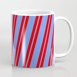 [ Thumbnail: Red and Cornflower Blue Colored Lines Pattern Coffee Mug ]
