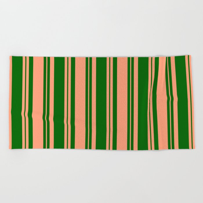 Dark Green and Light Salmon Colored Lines Pattern Beach Towel