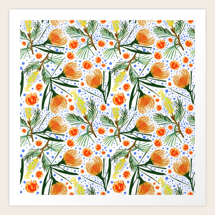 Australian Native Floral Pattern Grevillea and Pincushion Flowers Art