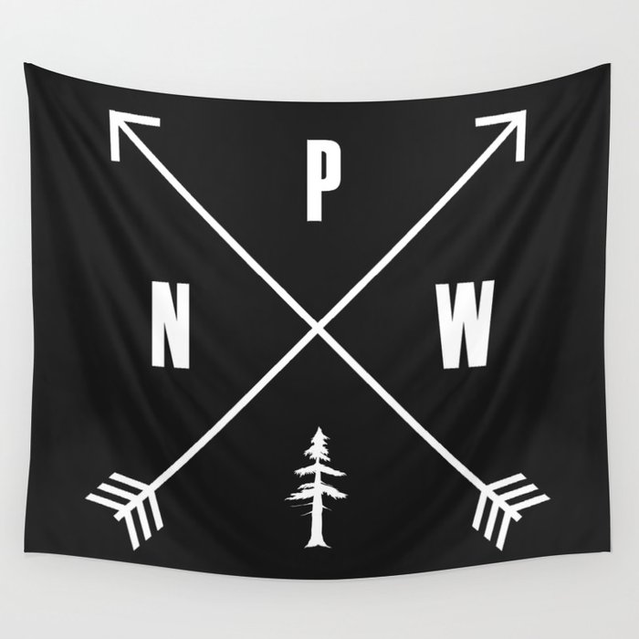 PNW Pacific Northwest Compass - White on Black Minimal Wall Tapestry