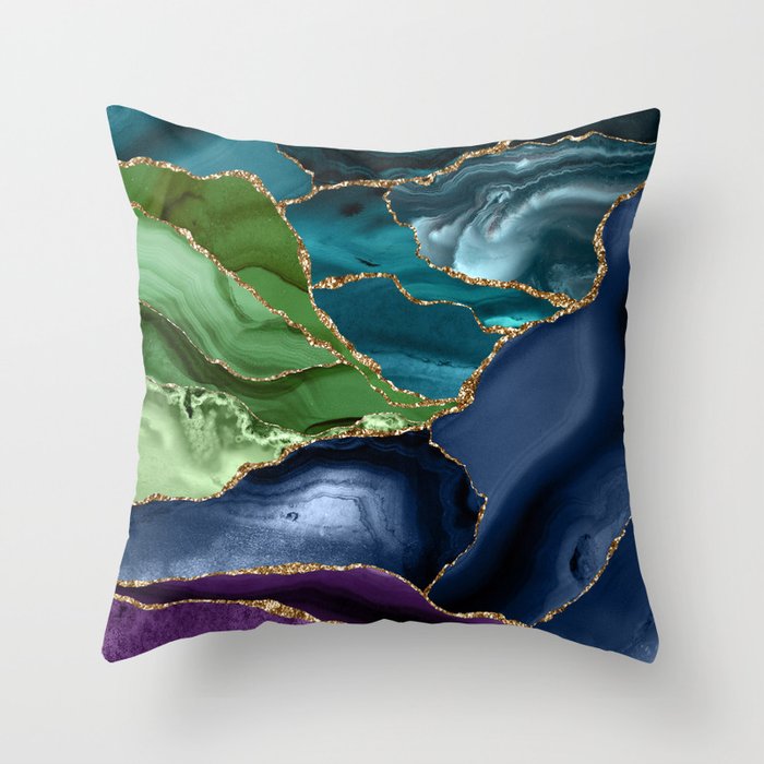 Blue Green Agate Gold Glitter Geode Texture Throw Pillow