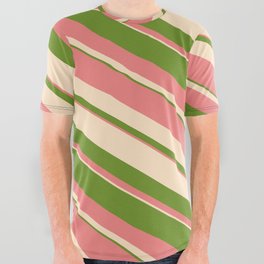 [ Thumbnail: Bisque, Green, and Light Coral Colored Striped/Lined Pattern All Over Graphic Tee ]