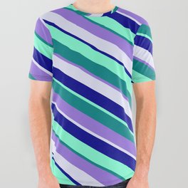 [ Thumbnail: Eye-catching Teal, Purple, Lavender, Dark Blue, and Aquamarine Colored Pattern of Stripes All Over Graphic Tee ]