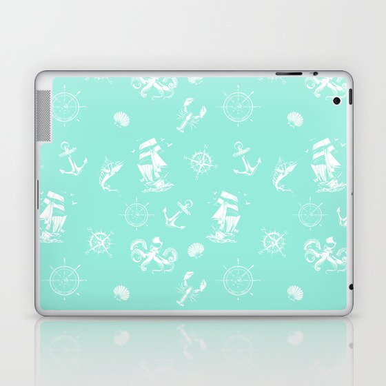 Mint Blue And White Silhouettes Of Vintage Nautical Pattern Laptop & iPad Skin