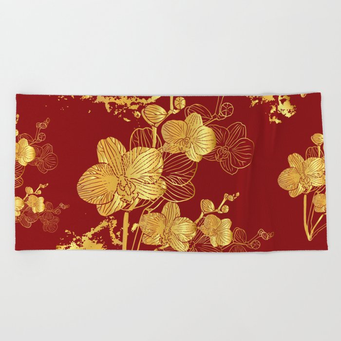 Gold & Maroon Floral Orchid Pattern Beach Towel
