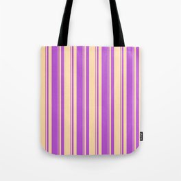 [ Thumbnail: Tan & Orchid Colored Stripes Pattern Tote Bag ]