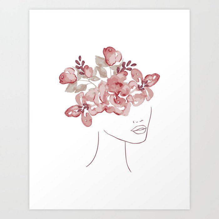 Abstract Line Art Woman With Watercolor Flowers  Art Print