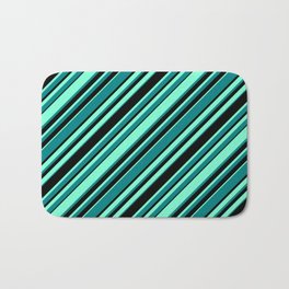 [ Thumbnail: Aquamarine, Teal, and Black Colored Pattern of Stripes Bath Mat ]