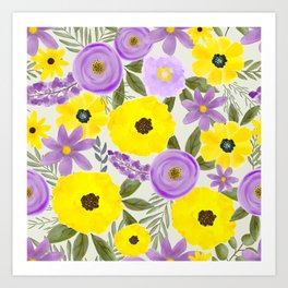 Watercolor Violet, Purple and Yellow Floral Flower Pattern Art Print
