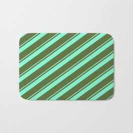 [ Thumbnail: Dark Olive Green and Aquamarine Colored Lined Pattern Bath Mat ]