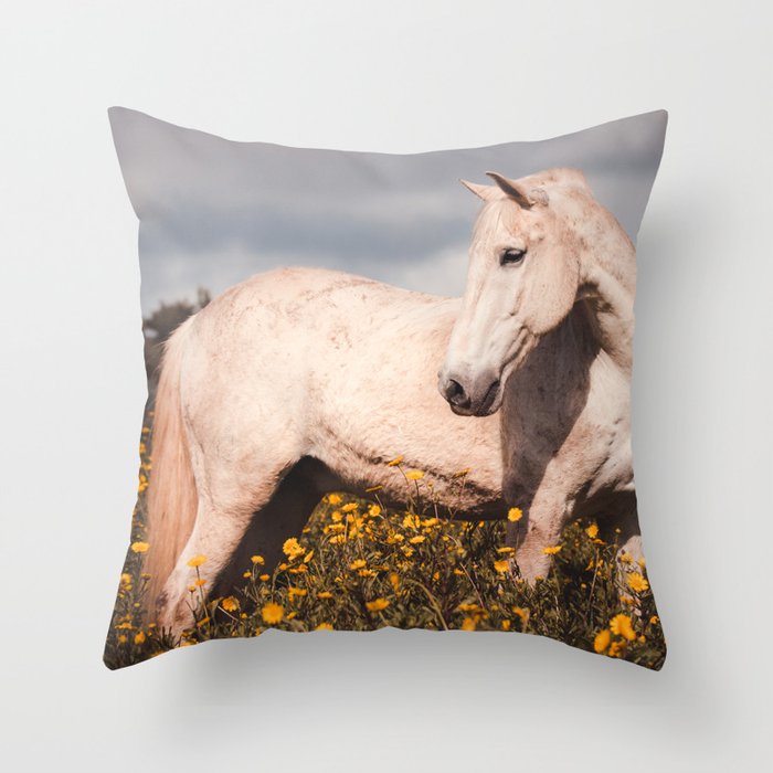 White horse on flower field, Lusitano horses, beautiful stallion. Throw Pillow