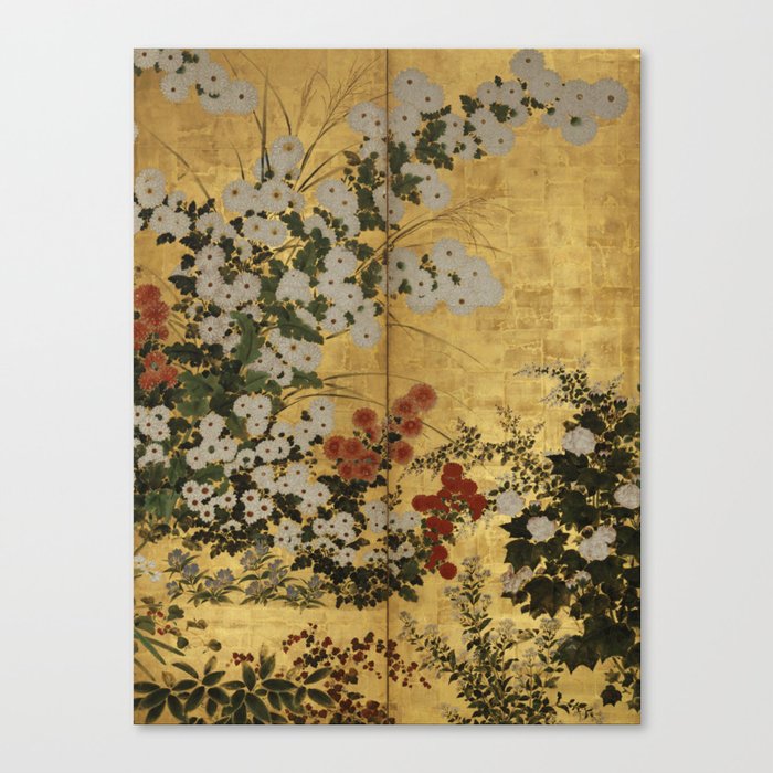 White Red Chrysanthemums Floral Japanese Gold Screen Canvas Print