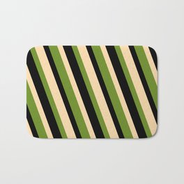 [ Thumbnail: Tan, Green, and Black Colored Lined/Striped Pattern Bath Mat ]