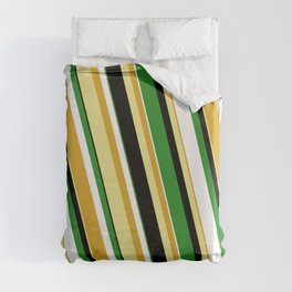 [ Thumbnail: Colorful Goldenrod, Tan, Black, Forest Green & White Colored Stripes Pattern Duvet Cover ]