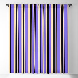 [ Thumbnail: Black, Tan, and Medium Slate Blue Colored Stripes/Lines Pattern Blackout Curtain ]