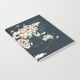 Cartoon animal world map for children, kids, Animals from all over the world, back to school, gray Notebook
