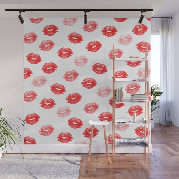 Modern pink red watercolor kiss lips pattern Wall Mural