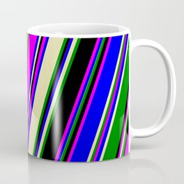 [ Thumbnail: Eye-catching Fuchsia, Blue, Pale Goldenrod, Green, and Black Colored Pattern of Stripes Coffee Mug ]