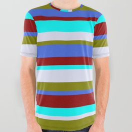 [ Thumbnail: Colorful Green, Royal Blue, Dark Red, Cyan & Lavender Colored Lined Pattern All Over Graphic Tee ]