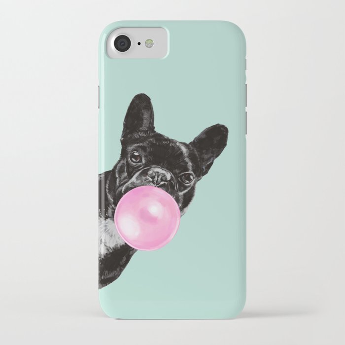 bubble gum sneaky french bulldog in green iphone case