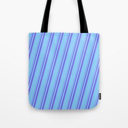 [ Thumbnail: Medium Slate Blue & Light Sky Blue Colored Stripes Pattern Tote Bag ]