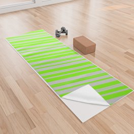 [ Thumbnail: Light Grey and Chartreuse Colored Lined/Striped Pattern Yoga Towel ]