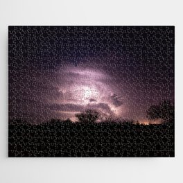 Inner Glow - Lightning Illuminates Storm Cloud as Stars Twinkle Above at Night in Oklahoma Jigsaw Puzzle