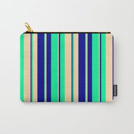 [ Thumbnail: Tan, Dark Blue & Green Colored Stripes/Lines Pattern Carry-All Pouch ]