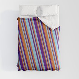[ Thumbnail: Chocolate, Indigo & Sky Blue Colored Stripes Pattern Comforter ]
