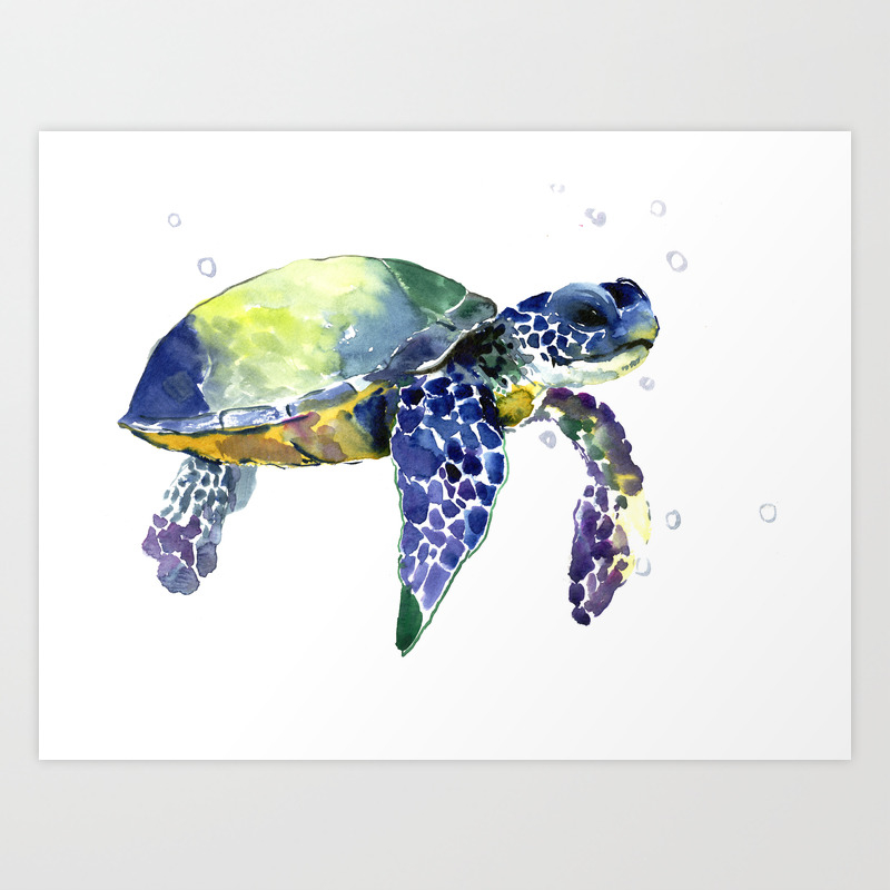 Sea Turtle Beach Art Nautical Aquatic Underwater Scene Blue Green Turtle Art Print By Sureart Society6