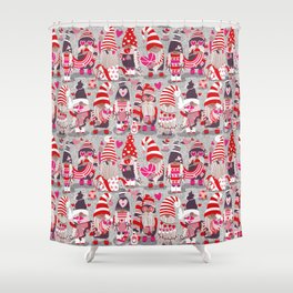 I gnome you more // grey background red and pink Valentine's Day gnomes and motifs Shower Curtain