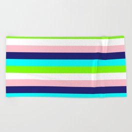 [ Thumbnail: Pink, Midnight Blue, Cyan, Chartreuse, and White Colored Lined/Striped Pattern Beach Towel ]