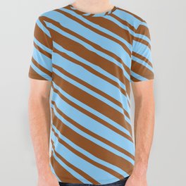 [ Thumbnail: Light Sky Blue & Brown Colored Lined/Striped Pattern All Over Graphic Tee ]