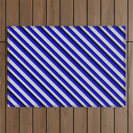 [ Thumbnail: Blue, Light Grey & Black Colored Lines/Stripes Pattern Outdoor Rug ]