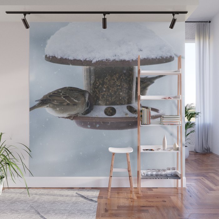 New Zealand Photography - Bird Feeder In The Snowy Weather Wall Mural