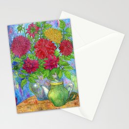 Dahlia flowers bouquet and teapot in watercolor. Stationery Card