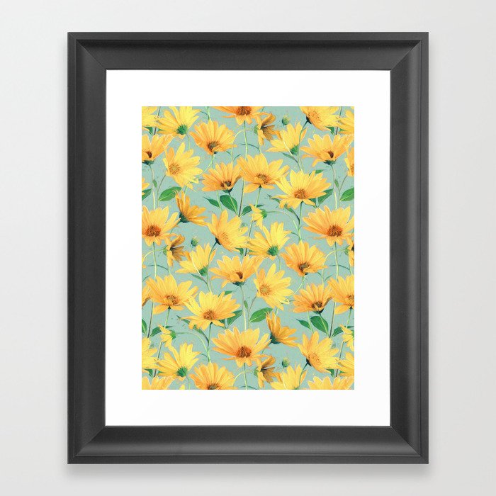 Painted Golden Yellow Daisies on soft sage green Framed Art Print